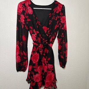 City Triangles Black & Red  Floral Wrap Mini Dress with Tie Waisted